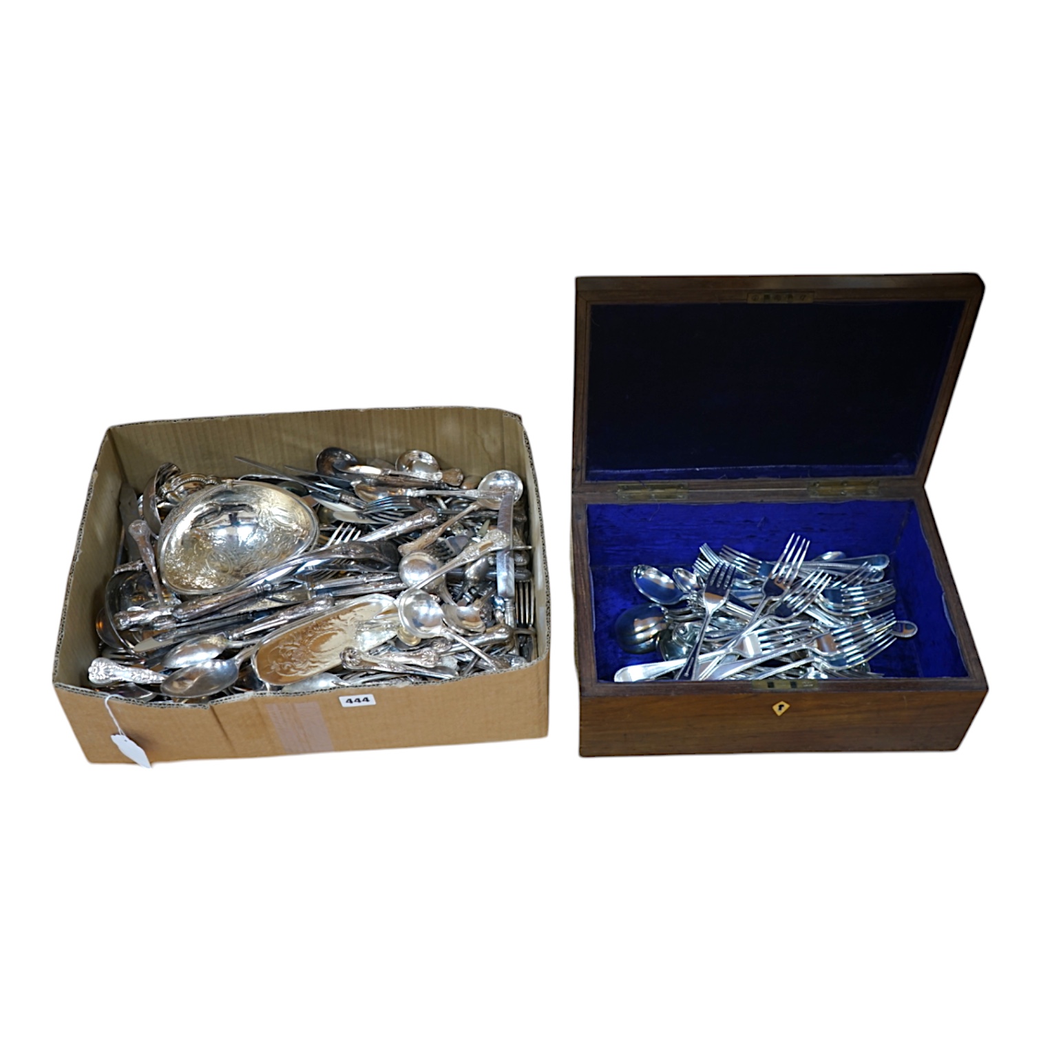 A large quantity silver plated cutlery including a part canteen of King's pattern cutlery and beaded pattern cutlery, a plated sugar basket, together with a mahogany, velvet lined box, 38cm wide. Condition - fair